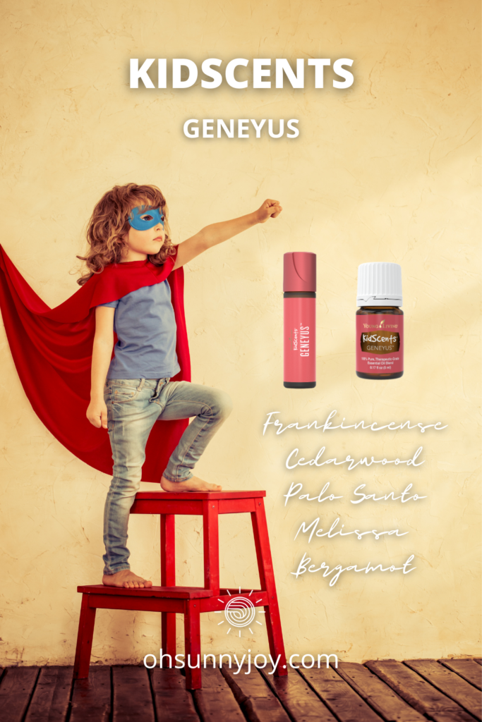 small kid with red cape on a stool showing young living kidscents